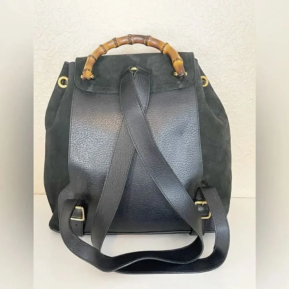 Gucci Black Suede Backpack with Bamboo Details